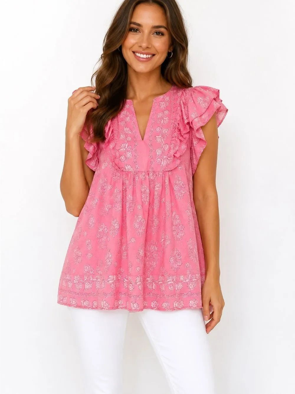 Crown & Ivy Pink Floral Flutter Sleeve Boho Blouse Large